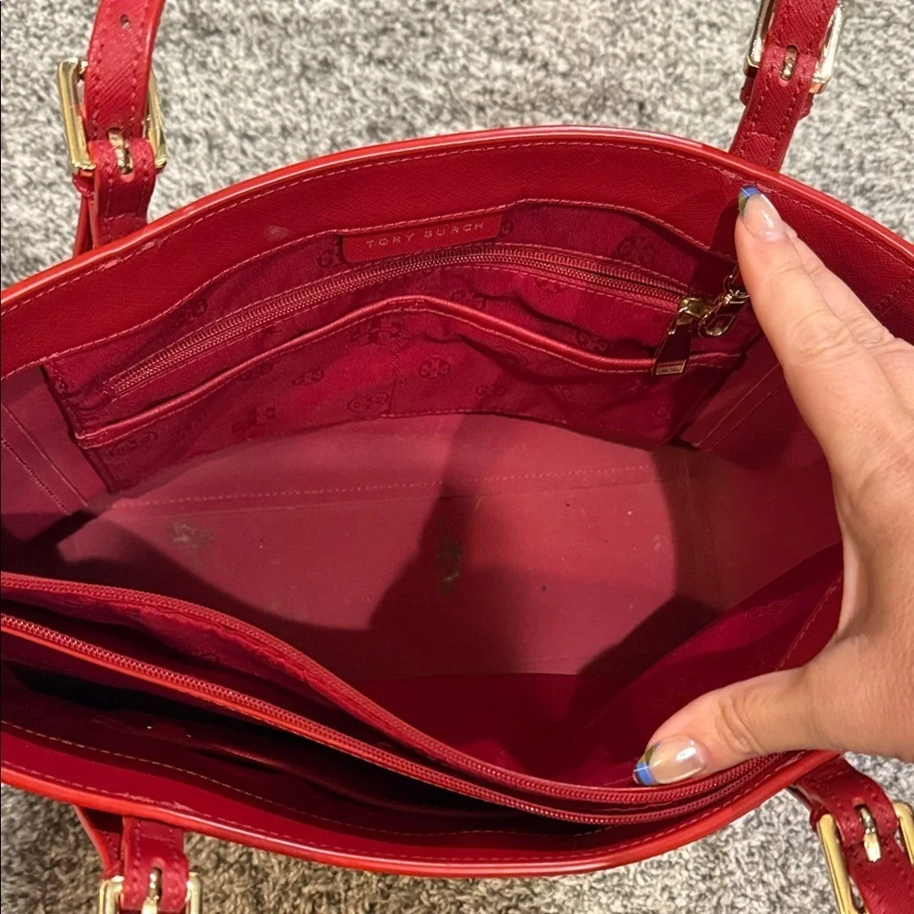 Tory Burch Red Leather Tote Bag laptop work tablet designer purse handbag
